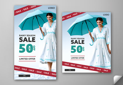 Editable Rainy Season Sale Social Media Post and Story Template Design with 50 Percent Discount and Happy Woman Holding an Umbrella Photo.