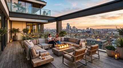 Fototapeta premium A couple relaxes on a rooftop terrace with a city view at sunset.