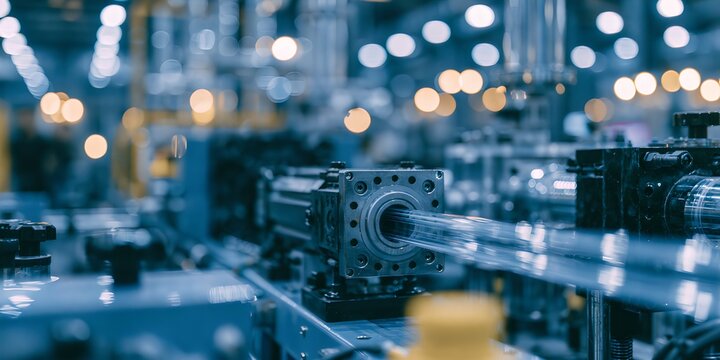 Industrial pvc extrusion machine in a factory setting blurred motion and cool color palette plastic