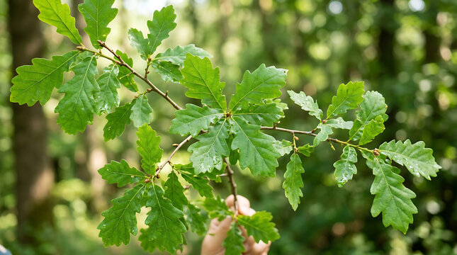 Fresh Green Oak Tree Branch with Vibrant Leaves Held by Hand in a Sunny Forest