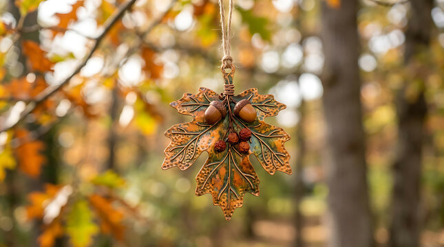 Beautiful Handmade Autumn Oak Leaf Ornament with Acorns and Berries Hanging in a Sunlit Fall Forest