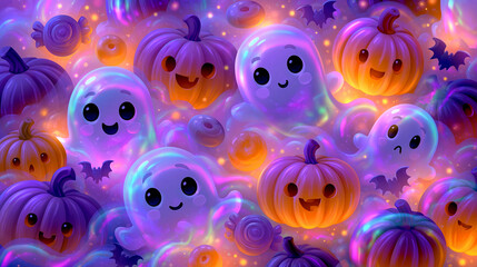 Naklejka premium Iridescent kid friendly halloween background with cute ghosts and shimmering festive glow