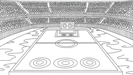 Ice hockey arena with empty rink and spectators in stands, large sports venue interior, game day atmosphere, wide angle view. © hossain