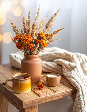 This cozy autumn still life with hot tea, a warm knitted blanket, marigolds, and a candle on a rustic wooden table evokes a peaceful, comforting hygge mood at home. Nobody.