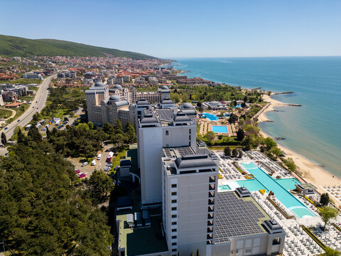Aerial view of luxury beachfront resort hotel in Sunny Beach, Bulgaria