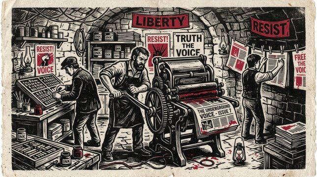 Vintage Printing Press in Underground Newspaper Studio With Workers and Bold Slogans