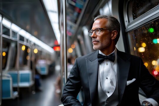 Sophisticated man in formal wear riding public transport during a rainy evening