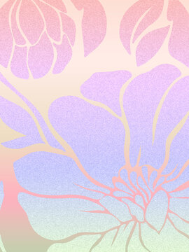 Pastel Botanical Floral Background with Hand Drawn Bloom and Leaf Shapes. Elegant abstract botanical background featuring oversized hand drawn flowers and leaves in soft pastel gradients with subtle g
