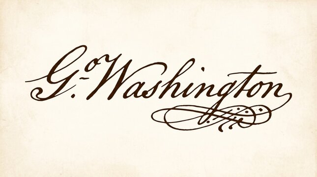 Elegant George Washington Signature in Vintage Calligraphy on Antique Parchment Background, Historic American Presidential Autograph, Founding Father Handwritten Script, Classic Penmanship, United 