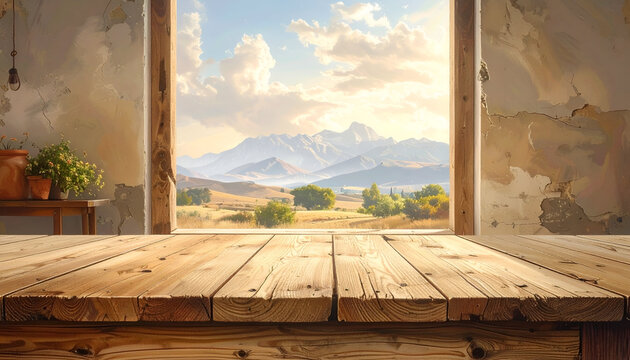 Wooden table foreground with a window showcasing a mountain landscape and weathered walls