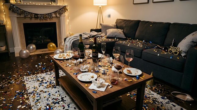Living room cluttered after a New Year 2024 party with glasses and decor