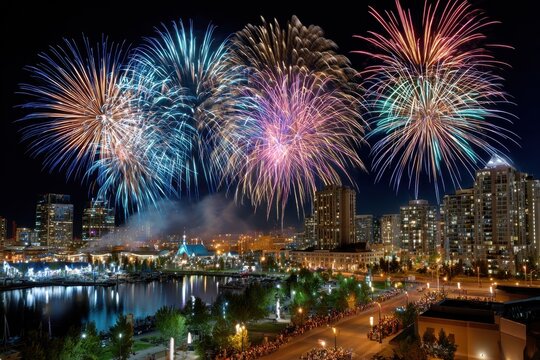 Fireworks over a city skyline at night