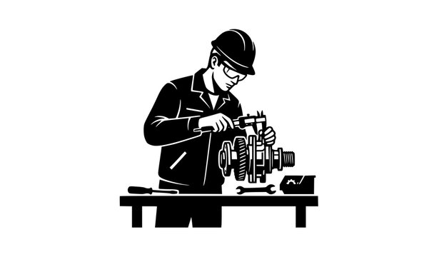 Mechanical Engineer Using Vernier Calipers Black Silhouette Vector Icon