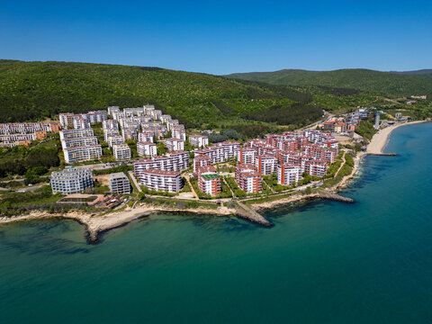 Aerial panoramic view of Sveti Vlas resort town and sea coast, Bulgaria