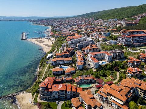 Aerial panoramic view of Sveti Vlas resort town and sea coast, Bulgaria