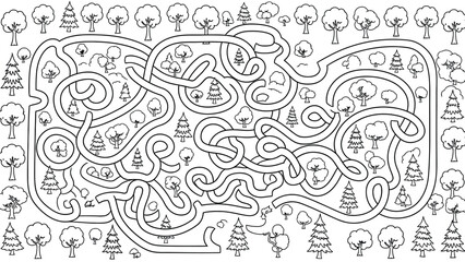 Complex forest maze puzzle for kids with winding paths between various deciduous and coniferous trees in nature outdoor environment linear coloring book page. © hossain