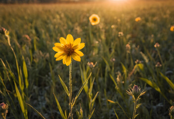 Fototapeta premium Yellow wildflower standing out in sunlit field at golden hour