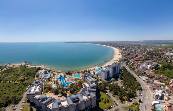 Aerial view of luxury beachfront resort hotel in Sunny Beach, Bulgaria