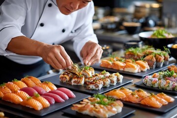 Obraz premium Chef Garnishing Sushi Rolls on a Slate Platter