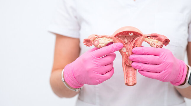 Doctor demonstrating female reproductive system anatomy with a model and pink gloves