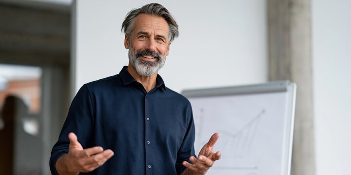 Mature male executive presenting with flipchart in modern workspace for leadership workshop background and seminar banner design