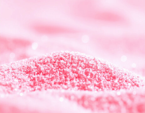 A dreamy macro shot of sparkling pink crystals, evoking a sense of magical sweetness and romance. Ideal for beauty and wellness branding. Nobody present in this soft, abstract scene.