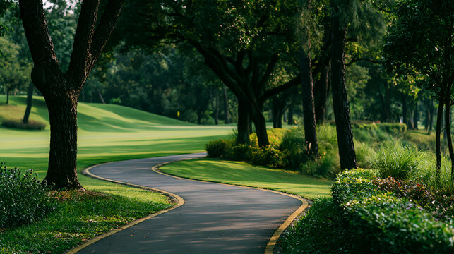 a well-maintained path in the park leading to the golf courses