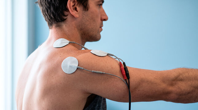 Man receiving electrical muscle stimulation treatment on his shoulder and upper arm