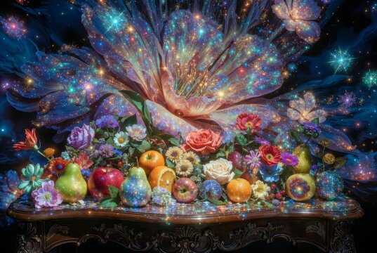 composizione magica di frutta e fiori cosmici luminosi