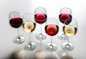 Obraz premium Top view of seven wine glasses with red and white wine