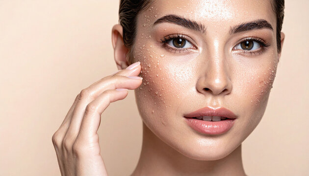 Closeup portrait of a beautiful woman with wet, radiant skin covered in dewy water droplets, evoking purity and fresh beauty for skincare and cosmetic wellness advertising.