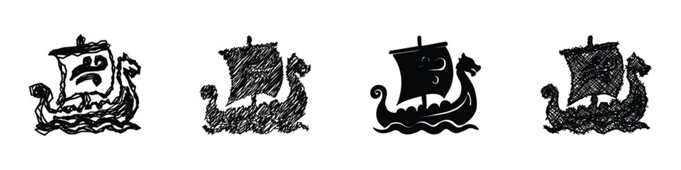 Collection of four distinct Viking ship icons with varied artistic styles © Vova7