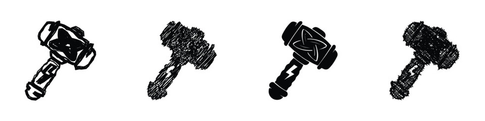 Collection of stylized Thor's hammer icons with Norse knotwork and lightning bolt © Vova7