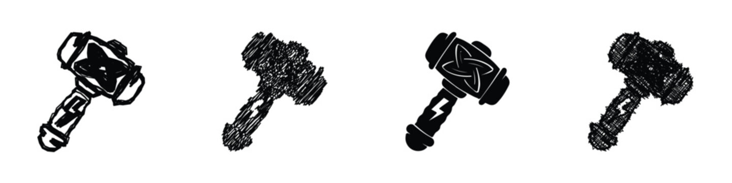 Collection of stylized Thor's hammer icons with Norse knotwork and lightning bolt