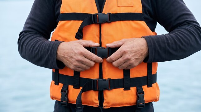 Close up of man adjusting orange life vest for water safety