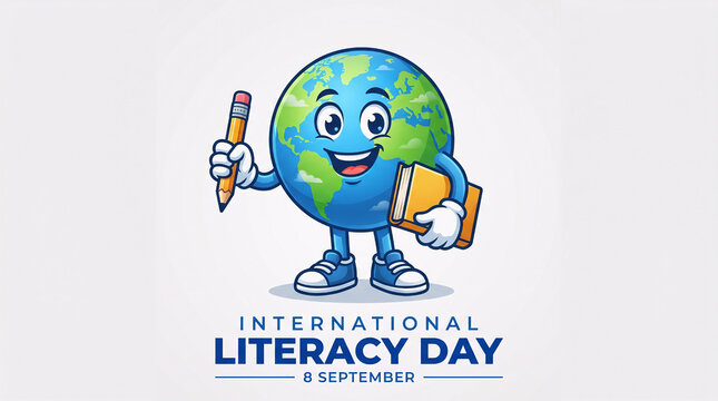 Happy cartoon Earth character holding a pencil and book to celebrate International Literacy Day on September 8th. Vector illustration concept for global education and reading awareness