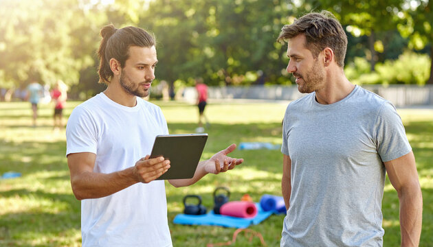 A professional fitness trainer shows workout progress on a digital tablet to his client during an outdoor training session in a sunny park, inspiring motivation and healthy living.