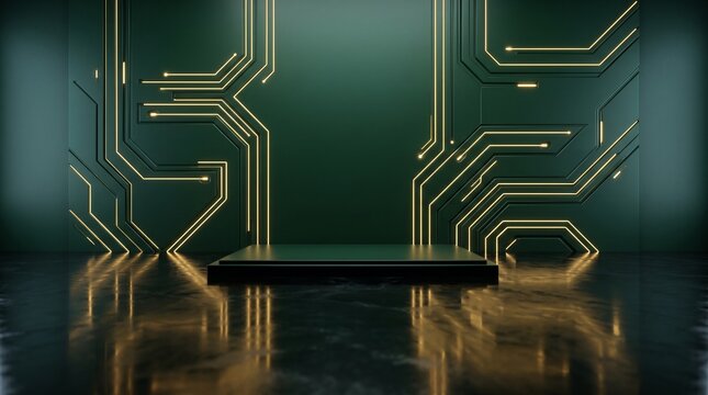 Luxury Cyberpunk Emerald Green and Glowing Neon Gold Lines 3D Background