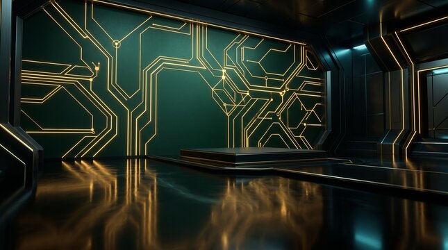 Luxury Cyberpunk Emerald Green and Glowing Neon Gold Lines 3D Background