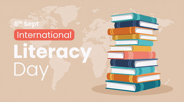  International Literacy Day Banner with Stack of Books and World Map