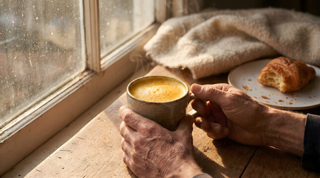 Close up of elderly hands holding a warm mug by the window at breakfast