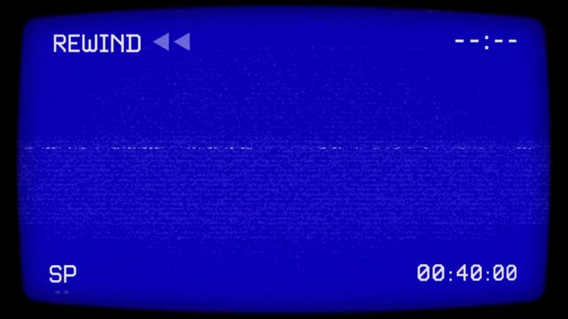 VHS Rewind Screen Animation with Blue CRT Display and Analog Noise