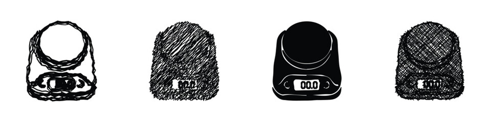 Fototapeta premium Collection of four different kitchen scales, two sketched and two solid black
