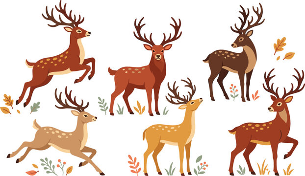 Cute cartoon deer and stag vector character set standing and running among autumn leaves and forest plants, flat wildlife illustration