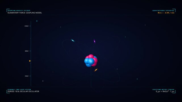 Animated quantum physics model showing atomic structure and energy fields