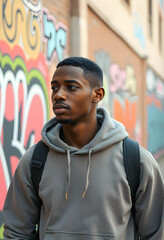 Obraz premium Young black man wearing grey hoodie walking in urban graffiti setting