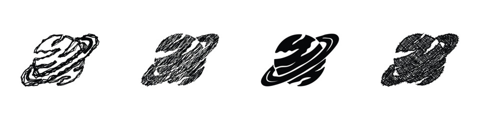 Set of four stylized planet Saturn icons with rings in different artistic styles © Vova7