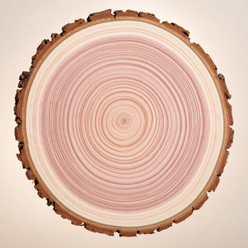A beautiful organic wood slice showing detailed tree growth rings on a beige background. This clean natural texture evokes a peaceful sense of time, ideal for eco design. Nobody.