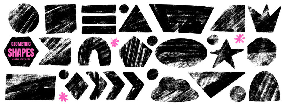 Grainy geometric figures with organic charcoal shape and rolled spray texture. Rough grunge shapes and naive circle, rhombus doodles for urban poster. Vector geometric set of hand drawn elements