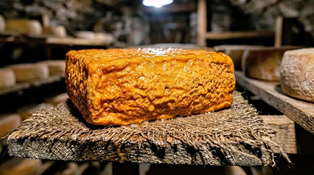 Aged Gouda Cheese Block on Rustic Wooden Shelf in Cheese Cellar
